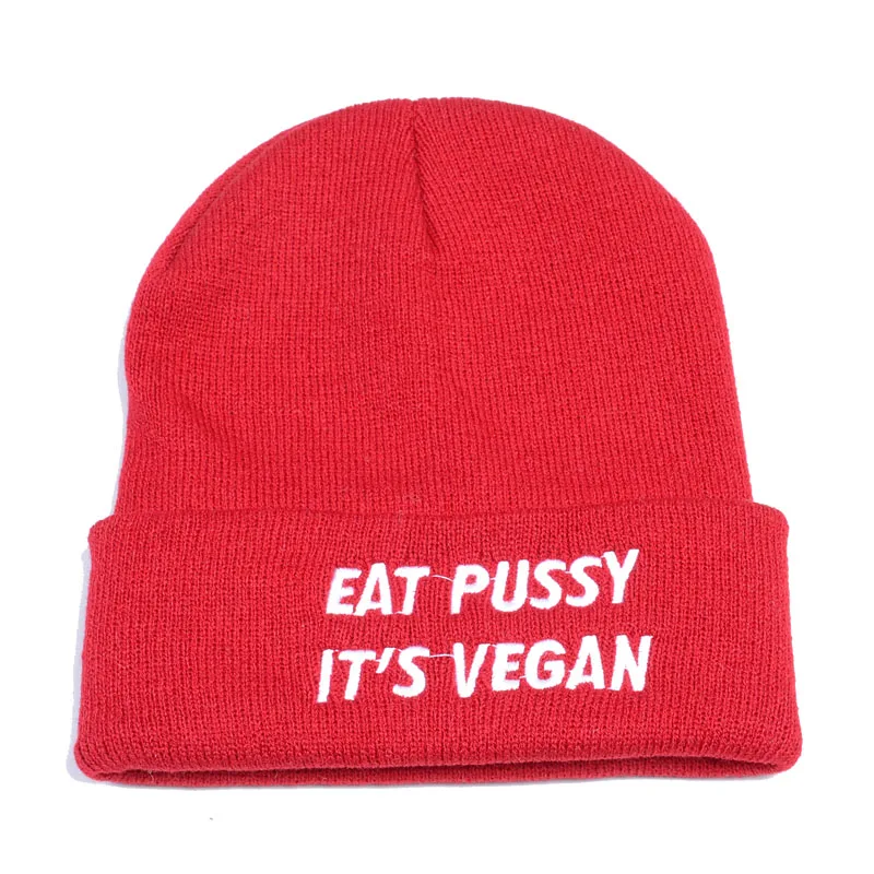 Красный Зимняя теплая Harajuku поп вязаная шапка женская eat pussy ее веганская шапочка зимняя вязаная шапка эластичность на открытом воздухе Skullies Beanies - Цвет: Красный