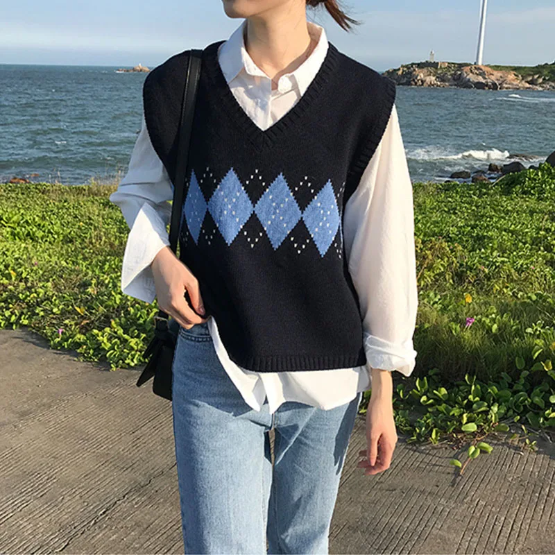 Sleeveless Pullover Spring 2020 Korean Preppy Style Vintage Plaid V Neck  Knitted Argyle Sweater Vest Women Black Gray Khaki|Vests| - AliExpress