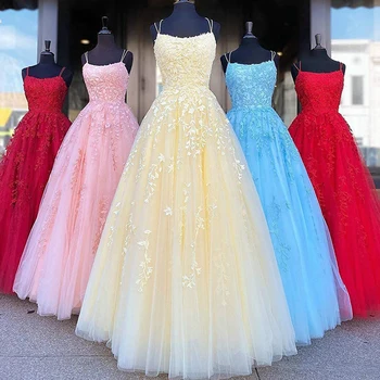 

Lace Prom Dresses 2020 Halter Spaghetti Straps Lace Appliques A Line Open Back Formal Evening Party Dresses Vestidos De Festa