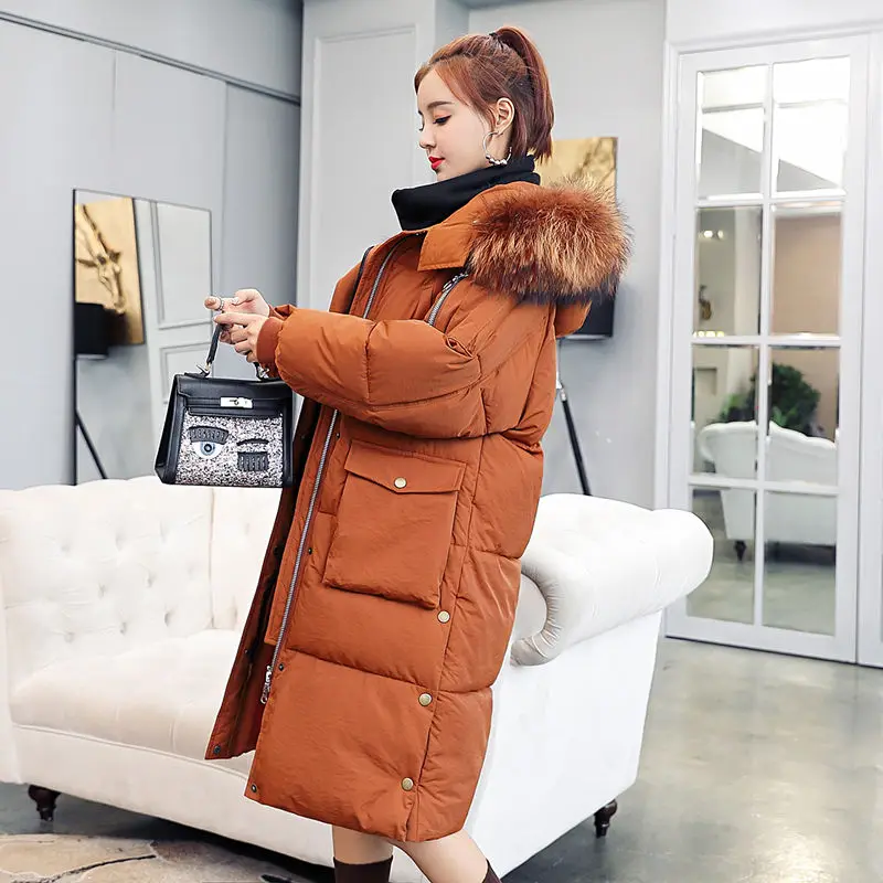 caramel colour coat Негабаритное пальто Свободное пуховое хлопковое зимнее пальто женские длинные парки Зимнее пальто с капюшоном жилеты макси с воротником из искусственного меха пальто C5845 - Цвет: caramel colour coat
