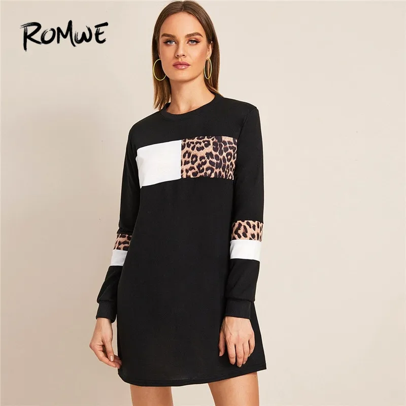 

ROMWE Contrast Leopard Print Sweatshirt Dress Women Casual Black Sweatshirt Fall 2019 Long Sleeve Hoodie Clothes Long Sweatshirt