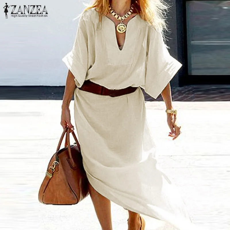 

ZANZEA Women Long Maxi Dress Plus Size V Neck Bohemian Vestidos 2019 New Autumn Casual Cotton Kaftan Robe Femme Party Sundress