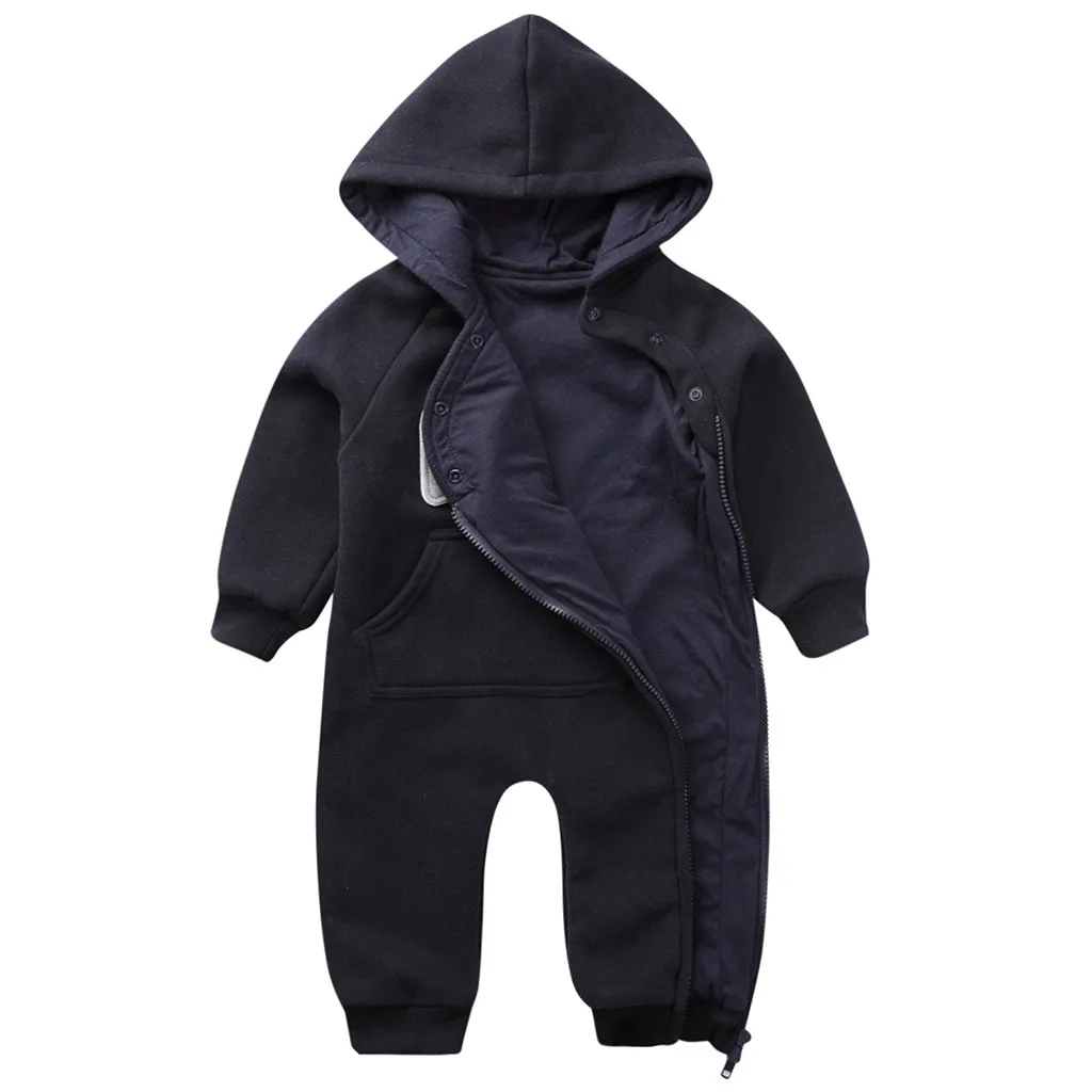 Baby Jumpsuit Coat Clothes Winter Autumn Newborn Infant Baby Boys Girls Solid Hoodie Zipper Jumpsuit Romper Kids Coat Clothes - Цвет: Черный