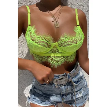 

ArtSu Sexy Lace Bralette Crop Tops Solid Spaghetti Strap Vest Patchwork Mesh Hollow Out Cropped 2019 Summer Tops ASVE60436
