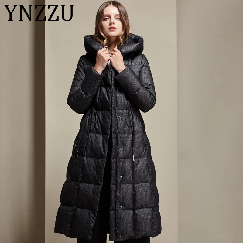 YNZZU, высокое качество,, зимний женский пуховик, элегантный, длинный, 90%, белый утиный пух, пальто, толстая, теплая, женская верхняя одежда с капюшоном, A1433