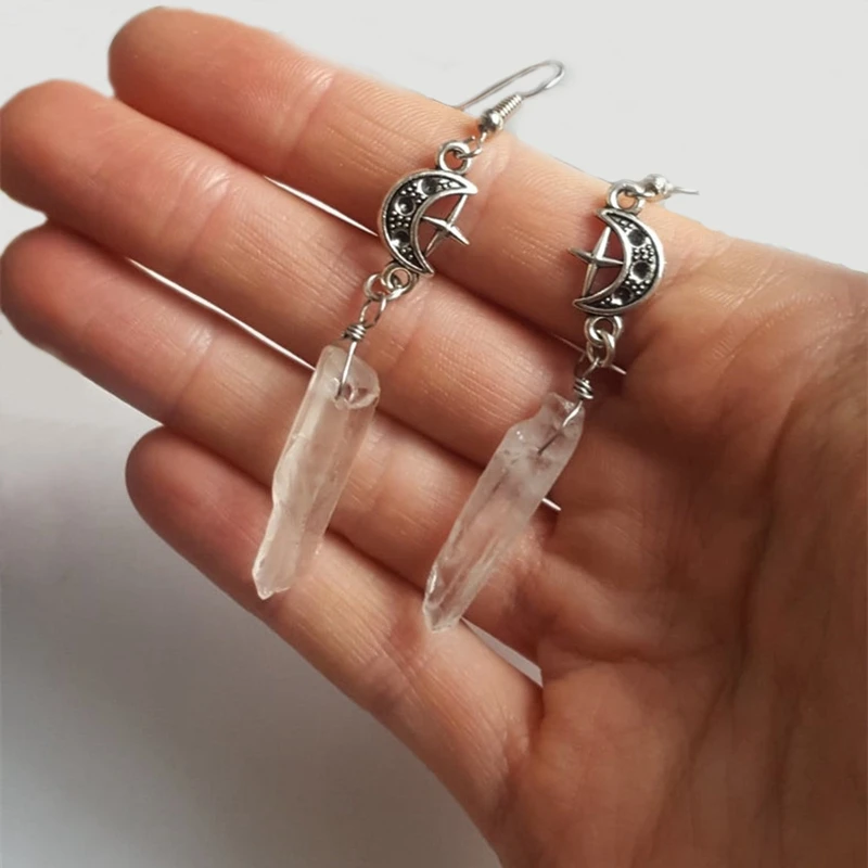Clear Quartz Moon Crystal Earrings Boho Witchy Natural Stones Esoteric Celestial Alternative Nugoth Gothic Romantic Gift