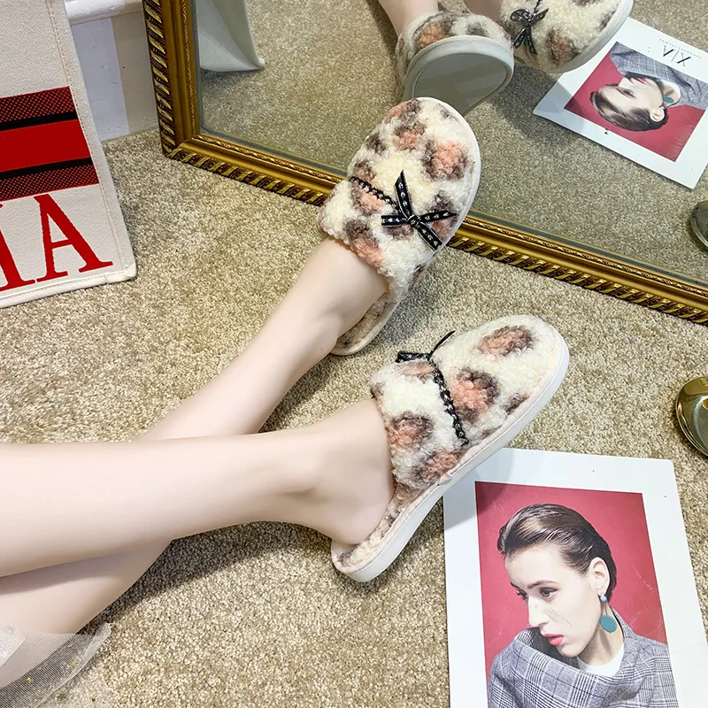 

2020 New Style Plush Slipper Women's Korean-style Household Casual Wool Slippers Leopord Pattern Closed-toe Single-strap Slipper
