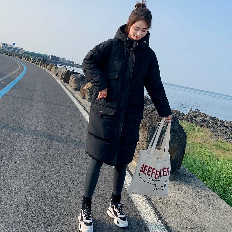 

2019 Winter New Style Korean-style Simple Loose-Fit Slimming down Coat Hooded Thick over-the-Knee-Style Students down Jacket Cot