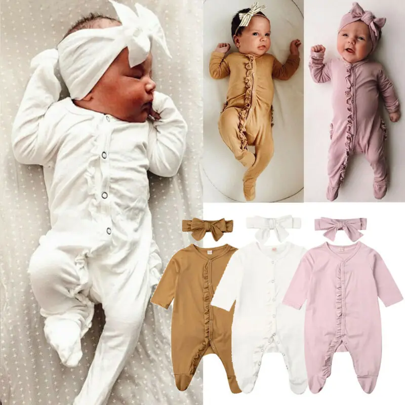 

Pudcoco Brand New Newborn Baby Boy Girl Ruffle Romper Sleepwear Pyjamas And Headband Clothes