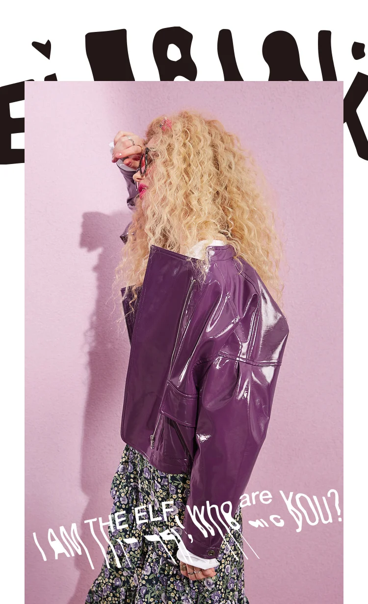 Модная фиолетовая Яркая блестящая ветровка из лакированной кожи женская Европейская Новинка bf ветрозащитная негабаритная куртка из лакированной кожи F38