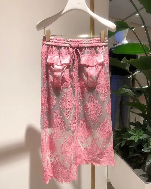 pink skirt Высококачественные женские кружевные блузки летние брендовые новые дизайнерские рубашки с короткими рукавами A380 - Цвет: pink skirt