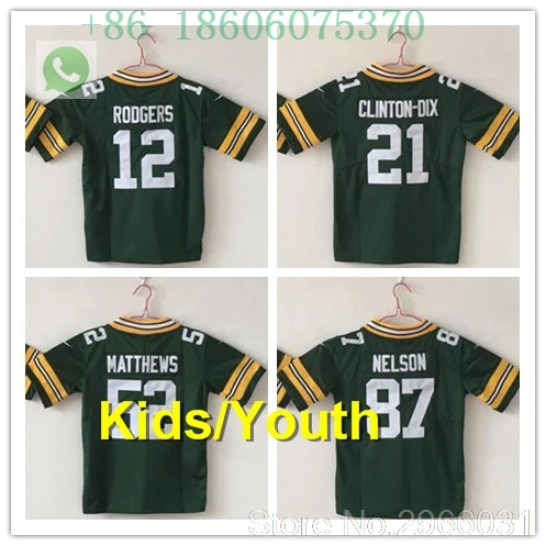 A+++ качество Дети 12 Аарон Роджерс Клэй Matthews 52 Ha Clinton-Dix 21 Jordy Nelson 87 jersey Packers