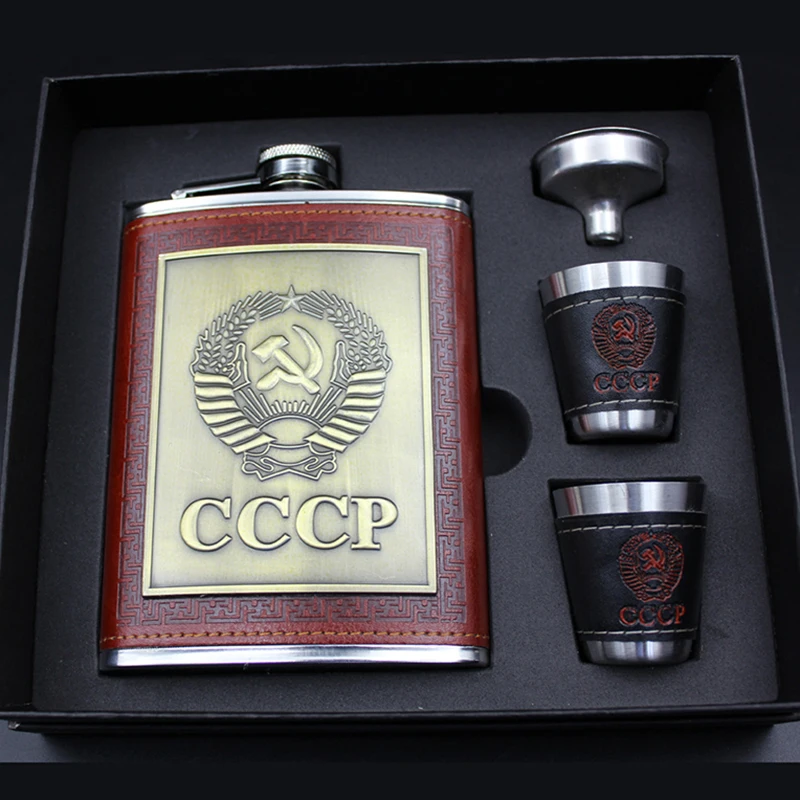 

Hip Flasks Set 8 oz Luxury Stainless Steel Alcohol Cccp Engraving Faux Leather Flagon Whiskey Wine Flask Gift for Men Friends