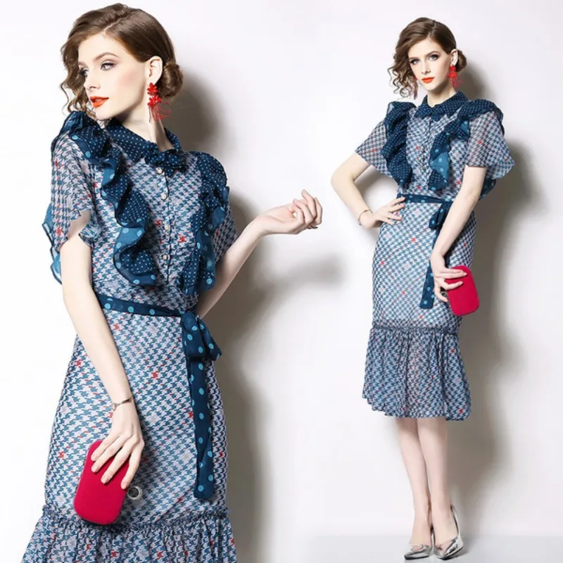 

2019 New Runway Autumn Elegant Women's Chiffon Elegant ruffle dress fashion Bow Printed with belt Mermaid mesh Dresses Vestidos