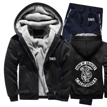 

SOA Sons of Anarchy Skull Printed Hoodies Mens Suit Winter fleece Thicken Warm zipper Sweatshirt Mens Hoodies Jacket +Pants 2Pcs