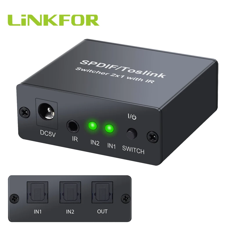 LiNKFOR SPDIF/Toslink Switcher 2x1 with IR Remote Control Optical SPDFI Toslink Switch Two Input One Output Support LPCM2.0 DTS