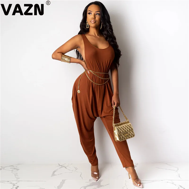 Коричневый VAZN YY5129, новинка, открытая жилетка, штаны на шнуровке,, однотонный Повседневный женский комбинезон, сексуальные пляжные длинные штаны, мягкие облегающие комбинезоны - Цвет: Коричневый
