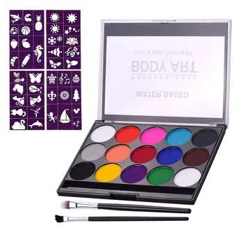 

Professional Body Art Face Painting Kit Water Based Removable Body Paints 15 Colors Palette with 2 Paintbrushes and 4 Templates