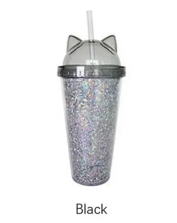 Новая креативная пластиковая свободная вода BPA бутылка с соломинкой Flash Cat Ear двойная бутылка для питья подарок для друга детская посуда для напитков - Цвет: Черный