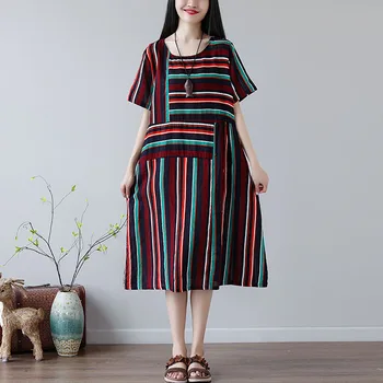 

Photo Shoot Summer Zipper Pack Loose Fat Mm-Cotton Linen Printed Striped Dress