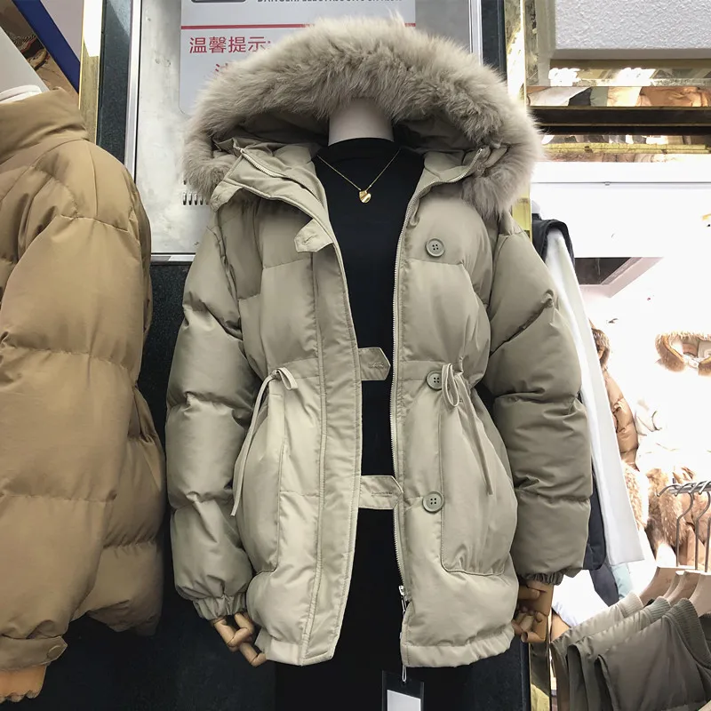 Новое осенне-зимнее однобортное Женское пальто с хлопковой подкладкой и большим карманом, приталенная куртка с капюшоном и меховым воротником для студентов