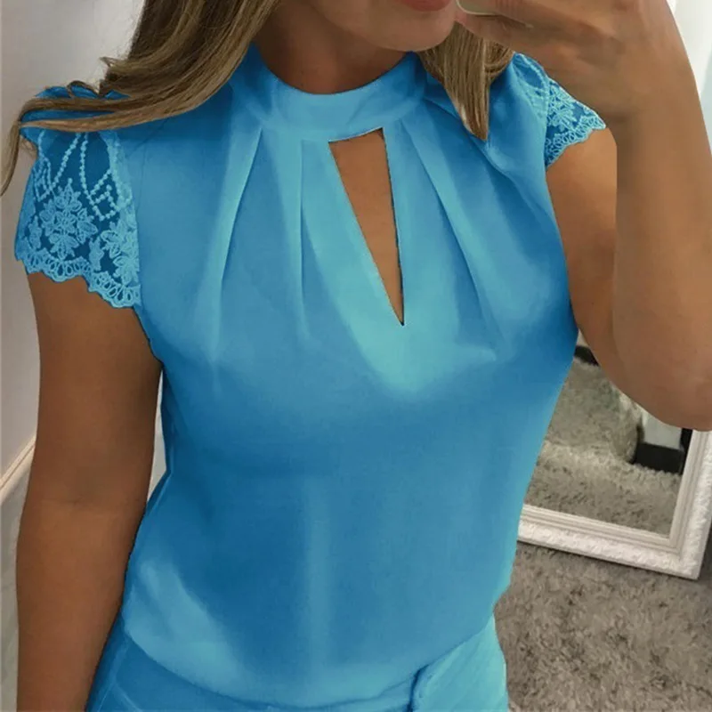 OEAK 2020 Women Sexy Blouses Summer Casual Hollow Chiffon Short Sleeve Splice Lace Top Blouses Shirts Blusas Mujer Plus Size 3XL