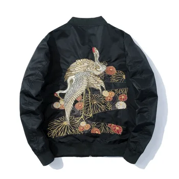 

Pop Embroidery Crane Bomber Black Jackets Nice Winter Warm Jacket Mens Pop Pilot Bomber Jacket Male Embroidered autumnThin Coats