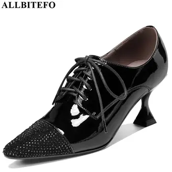 

ALLBITEFO natural genuine leather women heels Frenulum high heel shoes spring autumn comfortable rhinestone office ladies shoes