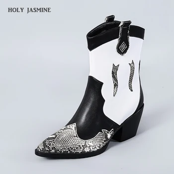 

2019 Fashion Cowgirl Boots Women Shoes Winter Western Cowboy Ankle Boots Pointed Toe Splicing Sequined PU Leather Shoes Woman