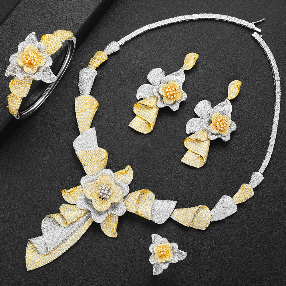 

SISCATHY Luxury Flower Cubic Zirconia Necklace Earring Set African Nigerian Wedding jewelry Sets For Women Dubai Bridal Jewelry