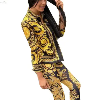

Tracksuit Women Set Full Sleeve National Print Gold Suit Two Piece Set Top And Pants Night Africa Club Outfit 2 Piece Set Women
