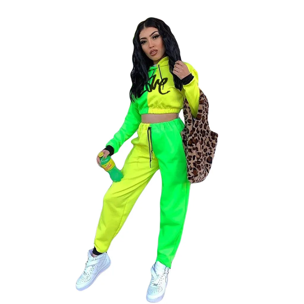 Yellow Green С буквенным принтом неоновый цвет панелями сексуальный комплект из 2 предметов спортивный костюм женский длинный рукав с капюшоном укороченный топ+ длинные штаны Повседневный костюм - Цвет: Yellow Green