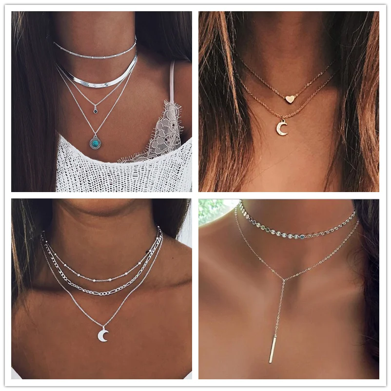 Vintage Punk Multi Layer Moon Stars Hearts Stripe Simulated Pearl Necklaces Pendants for Women Bohemian Accessories Gift | Украшения и