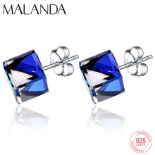 Malanda брендовые 925 пробы серебряные квадратные кристаллы от Swarovski серьги для женщин модные серьги-гвоздики Свадебные офисные украшения