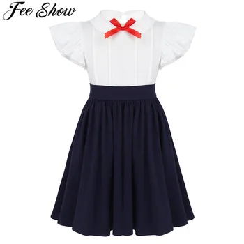 

Kids Girls Ruffled Flutter Sleeves Bowtie High Waist Cotton Twirly Costume Dress for Halloween Cosplay Wedding Party Dress