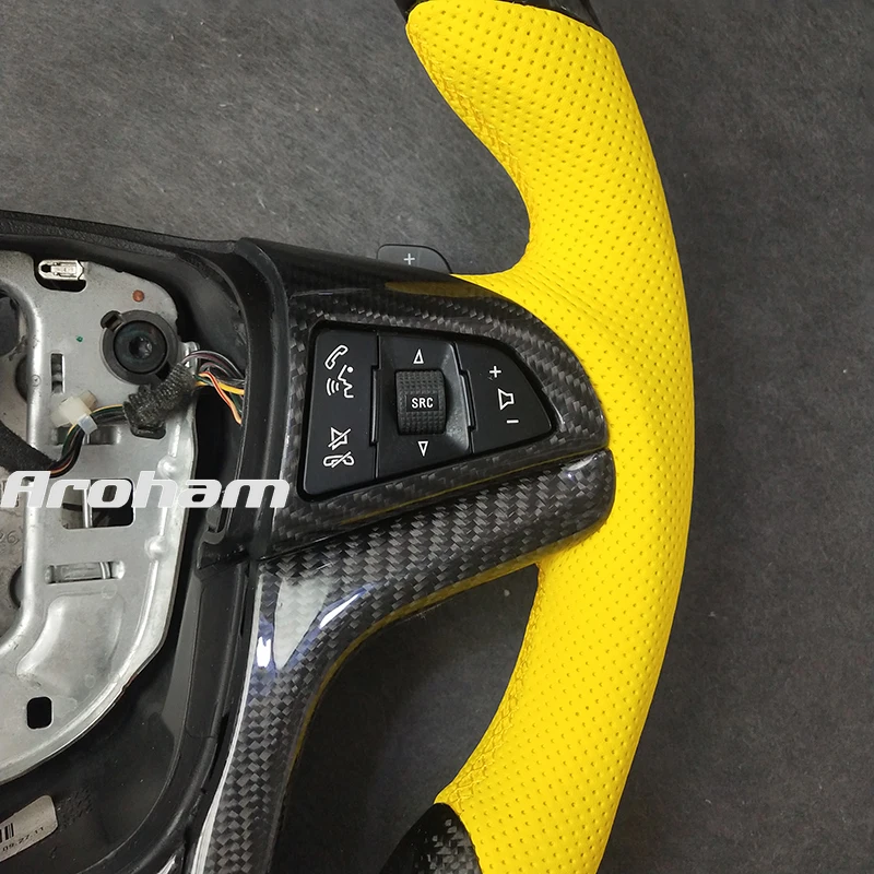 Carbon Fiber Yellow Perforated Leather Steering Wheel For Chevrolet Camaro 2013 3.6 LT 2011 2012 2014 2015