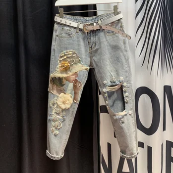 

European Big Holes Jeans Women Summer New Hole Stickers Light Blue Sexy Temperament Denim Pants Girls Students Jean Pants Jeans