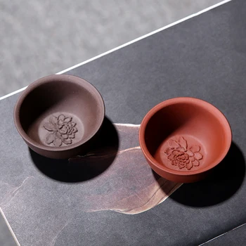 

2pcs/set China Purple Clay Teacups 50ml Hand Made Purple Mud Peony Tea Cup Kung Fu Tea Set Natural Ore Drinkware Tea Bowl