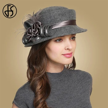 

FS Elegant 100% Australia Wool Fascinator Hats For Women Winter Feather Floral Ladies Black Wine Red Party Bowler Church Hat