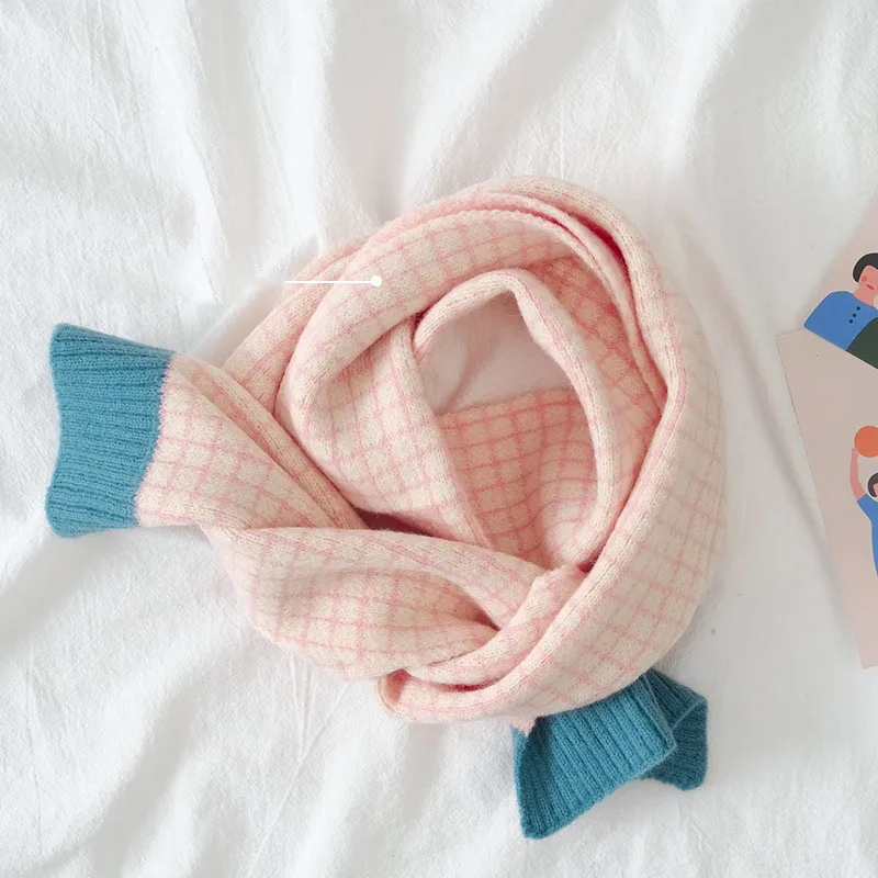 Outdoor Windproof Scarf Kids Boys Girls Scarf Winter Warm Fashion Patchwork Plaid Knitted Long Scarf Children Scarves 2-15Y