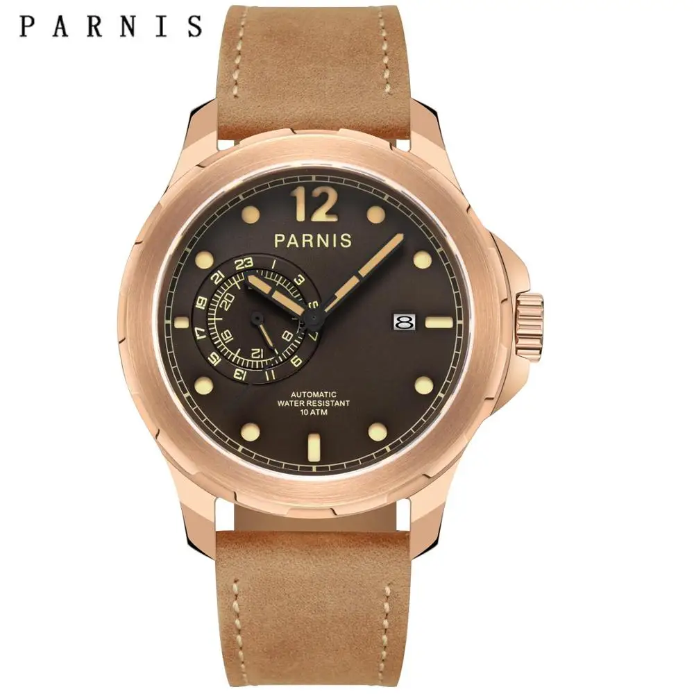 

Fashion Parnis 44mm Gold Case Automatic Mechanical Men's Watches Sapphire Crystal Window Mens Watch Calendar horloges mannen box
