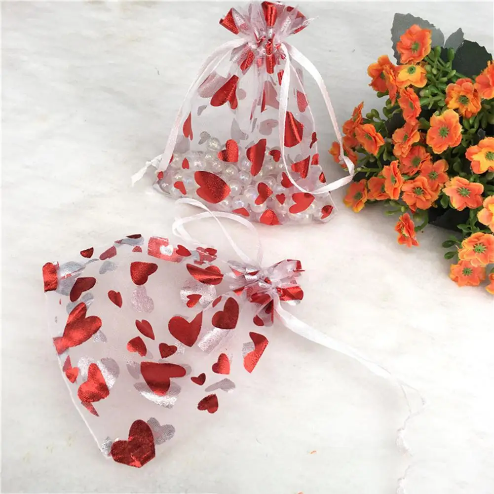 HobbyLane 100Pcs Valentine's Day Love Bag Bright Red Color Bundle Mesh Bag Gold-stamped Ogan Gift Bag - Цвет: 13X18