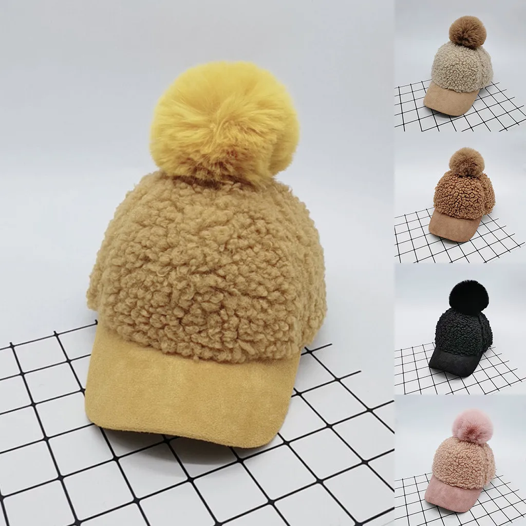 New Winter Baseball Caps With Real Fox Fur Pompon For Children Solid Color Hat Female Mink Hair Warm Kid Casual Cap | Детская одежда и