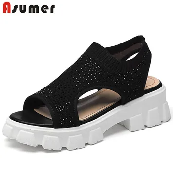 

ASUMER 2020 new arrive elastic women sandals crystal slip on summer square heel casual shoes vintage platform sandals woman