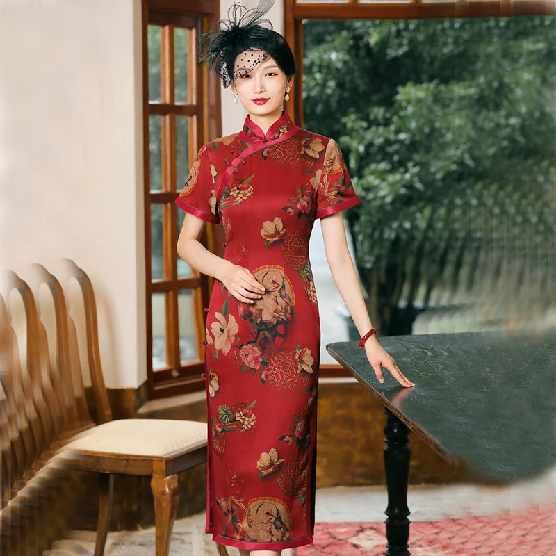 

Вечерние шелковые платья Qipao, высококачественное красное платье-Ципао большого размера по индивидуальному заказу, традиционное китайское платье Ципао