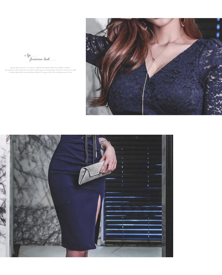 Осень 3/4 рукав кружева лоскутное длиной до колена Bodycon Vestidos оболочка v-образным вырезом сексуальное темно-синее платье с галстуком
