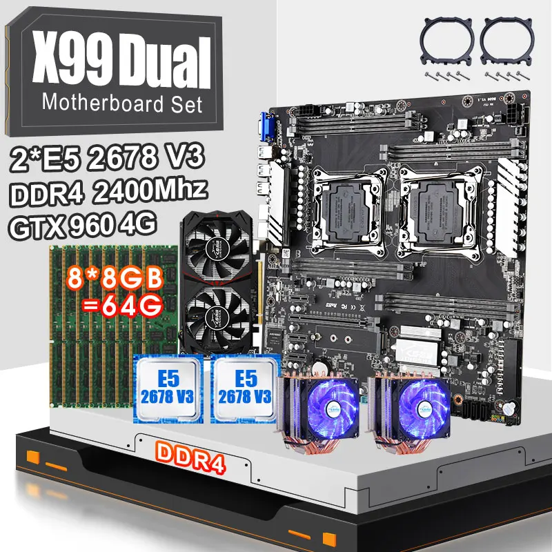 JINGSHA X99 Комплект двойной материнской платы с 2 * E5 2678V3 ЦП и 8*8 ГБ Ddr4 Ecc Reg 2400 МГц ОЗУ шт.