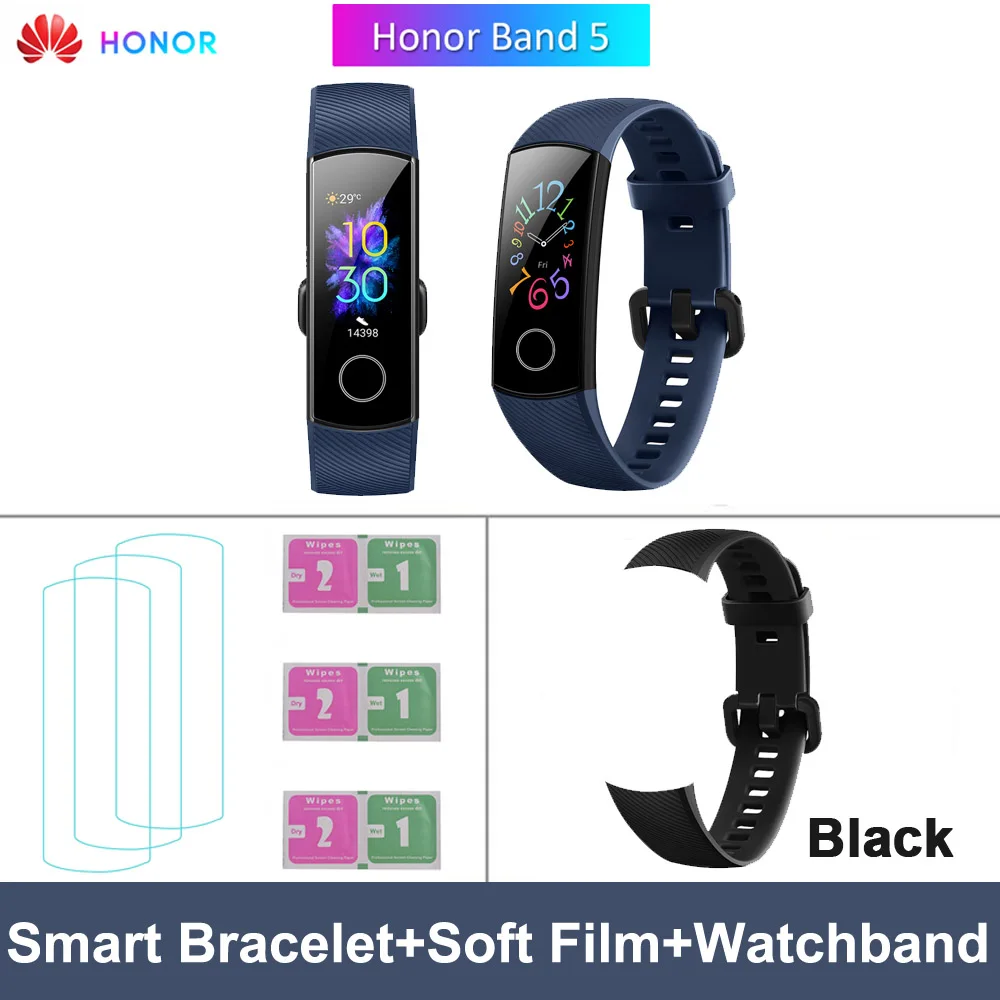 Blue add Black Strap HONOR Band 5 0,9" большой полноцветный AMOLED дисплей фитнес умный Браслет 240*120 пикселей 8 персонализированные часы лица - Цвет: Blue add Black Strap