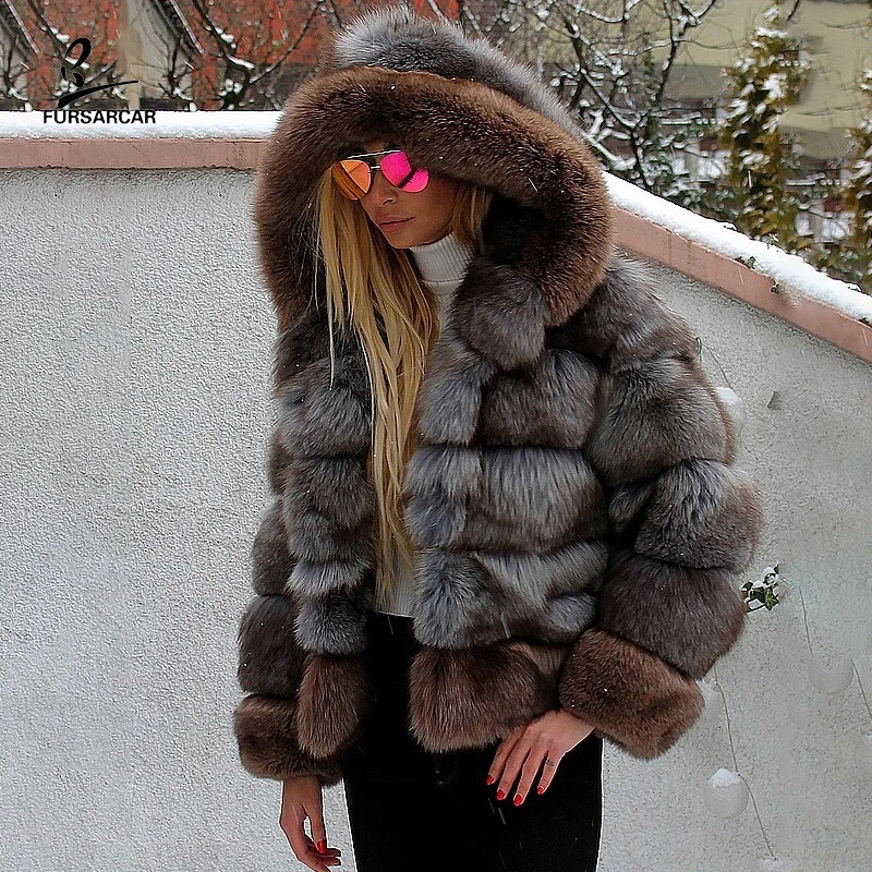 FURSARCAR Ombre Real Blue Fox Fur Winter Coat And Jacket For Women With Hood New Fashion Luxury Thick Warm Female Clothes