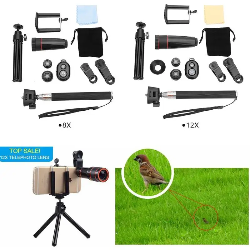 Универсальный Zoomable 12X Монокуляр мобильный зум 10 в 1 смартфон камера зум объектив клип оптический набор "телескоп" телеобъектив